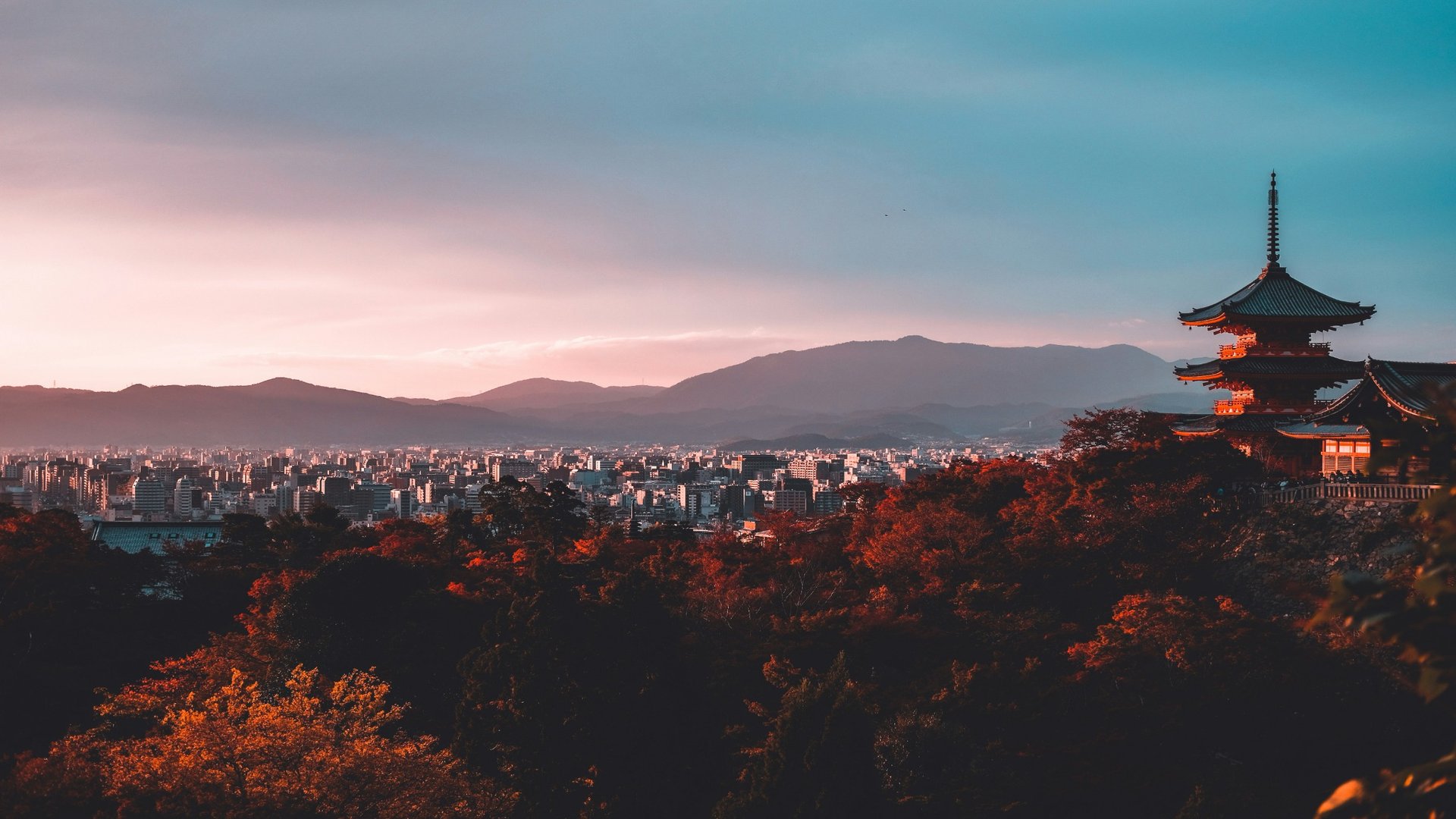 Japanese scenery overlooking Kyoto with a traditional pagoda